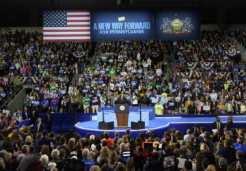 Democratic presidential nominee Vice President Kamala Harris speaks during a campaign rally at Erie Insurance Arena, in Erie, Pa., Monday, Oct. 14, 2024.(AP Photo/Gene J. Puskar)