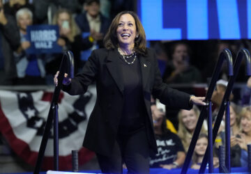 Democratic presidential nominee Vice President Kamala Harris arrives to speak during a campaign rally at Erie Insurance Arena, in Erie, Pa., Monday, Oct. 14, 2024. (AP Photo/Jacquelyn Martin)