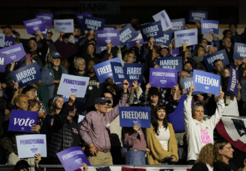Supporters cheer as Sen. John Fetterman, D-Pa., arrives to speak at a campaign rally for Democratic presidential nominee Vice President Kamala Harris at Erie Insurance Arena, in Erie, Pa., Monday, Oct. 14, 2024. (AP Photo/Jacquelyn Martin)