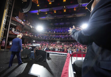 Republican presidential nominee former President Donald Trump arrives at a campaign event at the Cobb Energy Performing Arts Centre, Tuesday, Oct. 15, 2024, in Atlanta. (AP Photo/Alex Brandon)