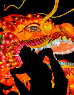 A man and a toddler are silhouetted as they pose for a souvenir photo with a giant dragon lantern decorated near the popular Houhai Lake in Beijing, Thursday, Feb. 8, 2024. Chinese celebrated Lunar New Year on Feb. 10 which marked the Year of the dragon on the Chinese zodiac. (AP Photo/Andy Wong)