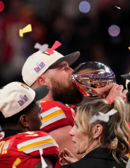Kansas City Chiefs tight end Travis Kelce kisses the Vince Lombardi Trophy after the NFL Super Bowl 58 football game against the San Francisco 49ers, Feb. 11, 2024, in Las Vegas. The Chiefs won 25-22. (AP Photo/Abbie Parr)
