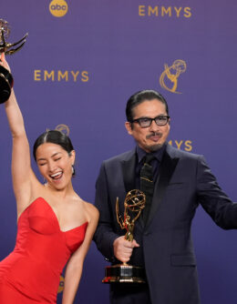 Anna Sawai, left, winner of the award for outstanding lead actress in a drama series for “Shogun”, and Hiroyuki Sanada, winner of the awards for outstanding lead actor in a drama series, and outstanding drama series for “Shogun” pose in the press room during the 76th Primetime Emmy Awards on Sept. 15, 2024, at the Peacock Theater in Los Angeles. (AP Photo/Jae C. Hong)