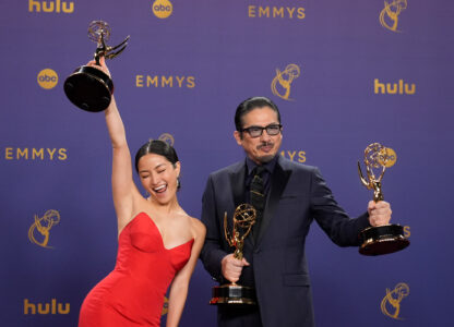 Anna Sawai, left, winner of the award for outstanding lead actress in a drama series for “Shogun”, and Hiroyuki Sanada, winner of the awards for outstanding lead actor in a drama series, and outstanding drama series for “Shogun” pose in the press room during the 76th Primetime Emmy Awards on Sept. 15, 2024, at the Peacock Theater in Los Angeles. (AP Photo/Jae C. Hong)