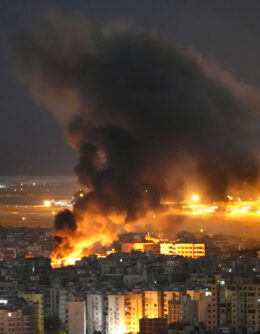 Flames and smoke rise from an Israeli airstrike on Dahiyeh, in the southern suburb of Beirut, Lebanon, Oct. 20, 2024. (AP Photo/Hussein Malla)