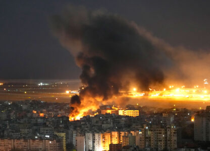 Flames and smoke rise from an Israeli airstrike on Dahiyeh, in the southern suburb of Beirut, Lebanon, Oct. 20, 2024. (AP Photo/Hussein Malla)