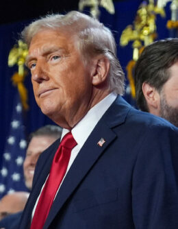 Republican presidential nominee former President Donald Trump and his running mate Sen. JD Vance, R-Ohio, stand on stage at an election night watch party at the Palm Beach Convention Center, Nov. 6, 2024, in West Palm Beach, Fla. (AP Photo/Evan Vucci)