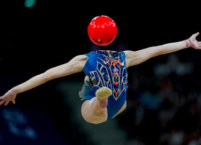 Stiliana Nikolova, of Bulgaria, performs in the rhythmic gymnastics individuals all-round qualification round at La Chapelle Arena at the 2024 Summer Olympics, Aug. 8, 2024, in Paris. (AP Photo/Francisco Seco)