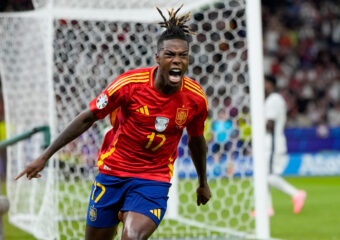 Spain's Nico Williams celebrates after scoring his side's opening goal during the final match between Spain and England at the Euro 2024 soccer tournament in Berlin, Germany, July 14, 2024. (AP Photo/Matthias Schrader)